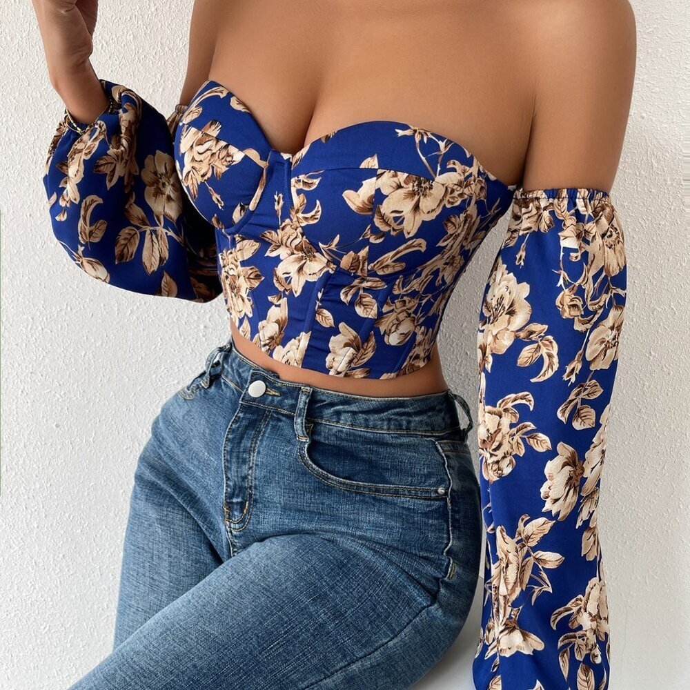 Multicolor Boho Women's Off Shoulder Floral Print Lantern Sleeve Crop Top - Picture 5 of 6